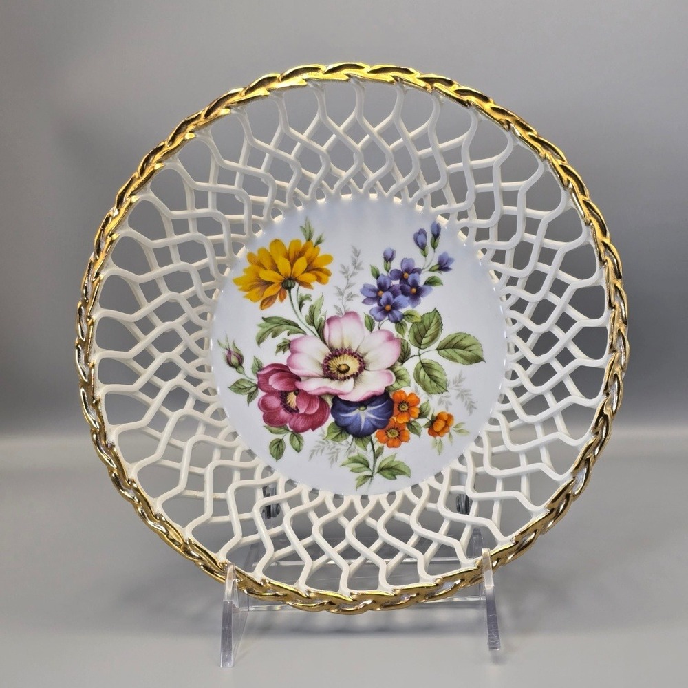 Vintage 1970s Crown Regent Romania Reticulated Porcelain Floral Bowl Gold Rim